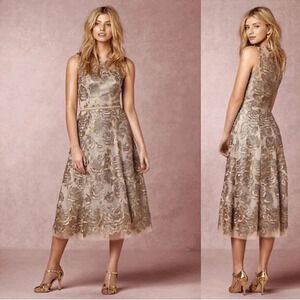 BHLDN x  Hitherto Anthropologie Eleanor Metallic Gold Silver Floral Dress